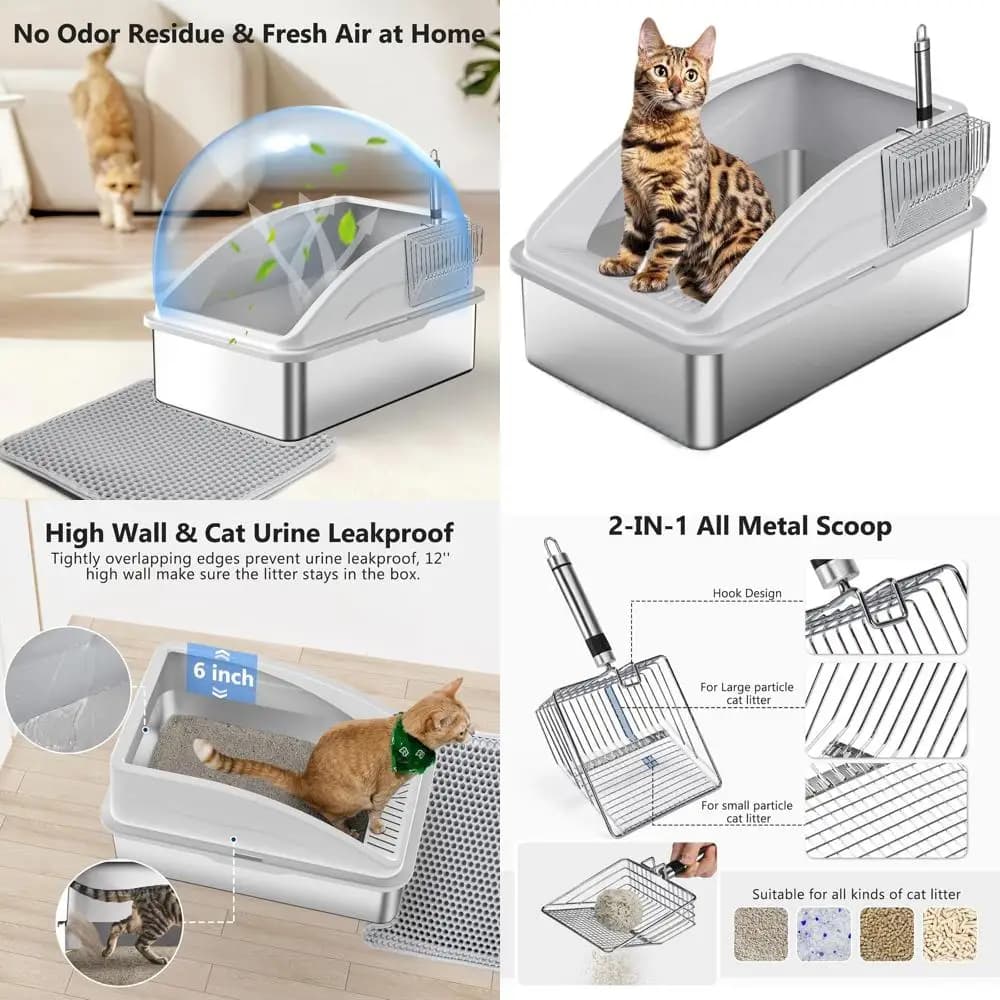Lettiera per Gatti Extra Large in Metallo con Coperchio, XL Anti-Perdita, Antiaderente, Include Tappetino e Paletta