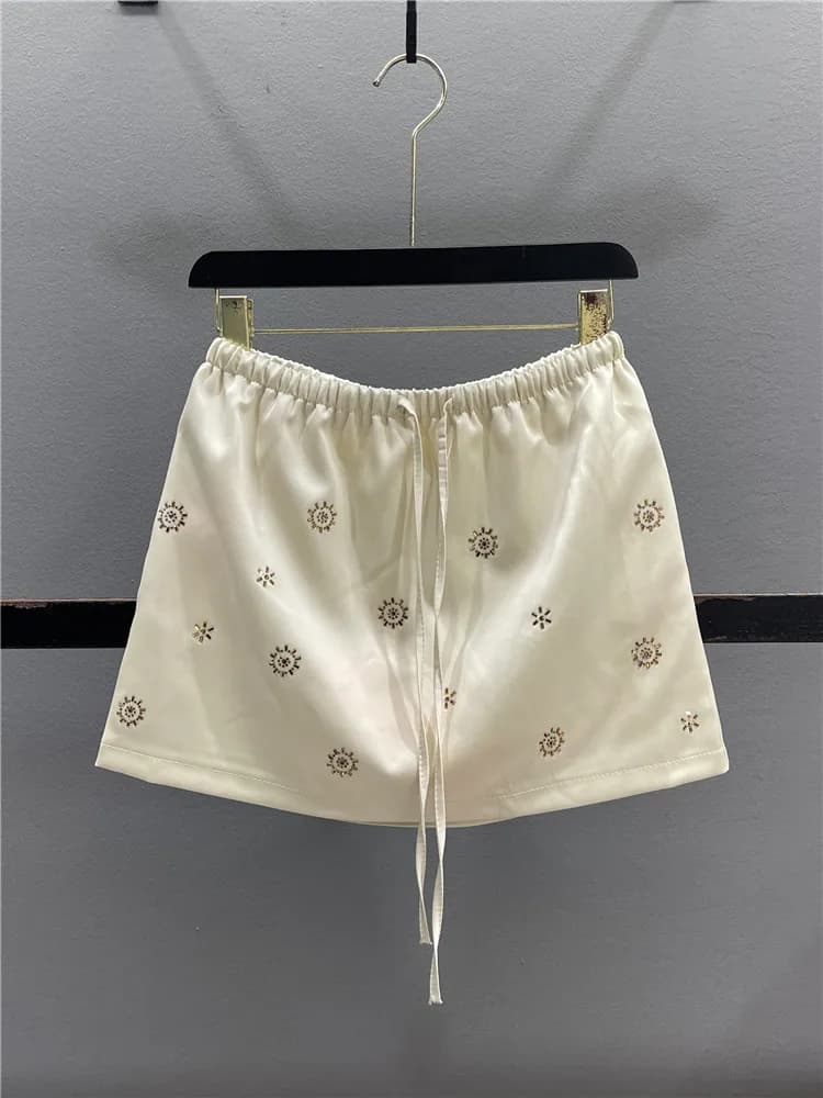 Casual Diamond Embedded A-Line Skirt Women's Elastic Waist Drawstring Slimming Versatile Summer Skirts Fashion Design