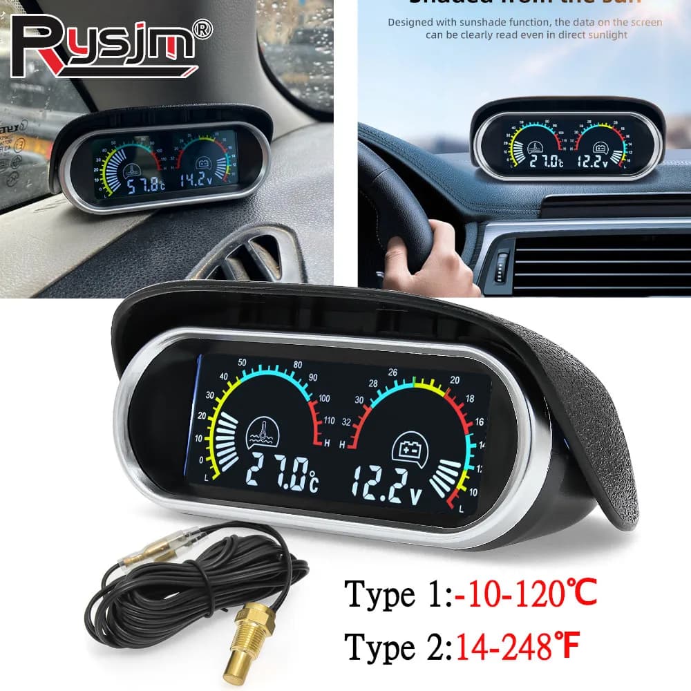 Indicatore LCD 2 in 1 per Auto e Camion 12V/24V, Temperatura Acqua + Voltmetro con Sensore di Temperatura 1/8 NPT, Misuratore Temperatura Acqua per Auto