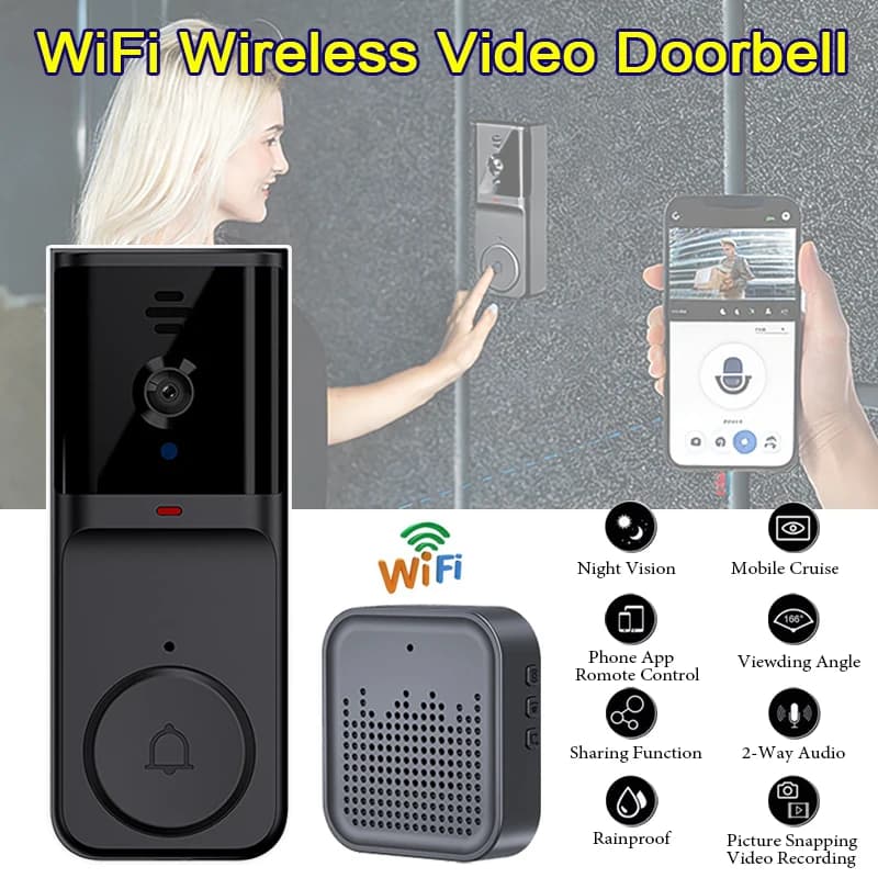 Campanello Video WiFi Wireless con Interfono Bidirezionale, Telecamera di Sorveglianza Domestica, Visione Notturna a Infrarossi ad Alta Definizione, Campanello Intelligente