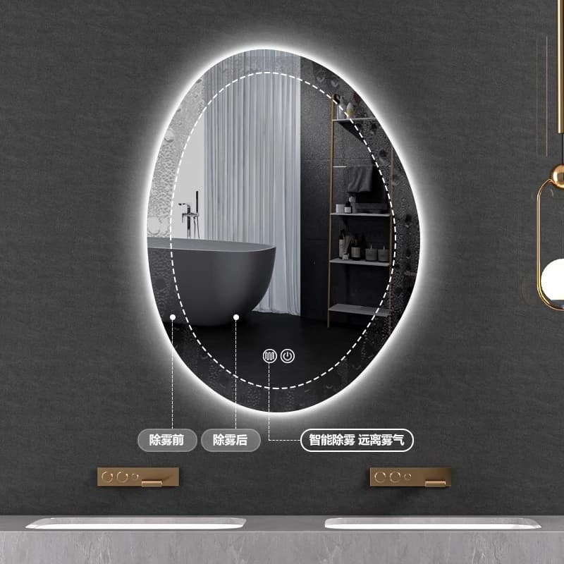 Bagno a specchio intelligente con touch screen leggero, specchio irregolare luminoso a parete
