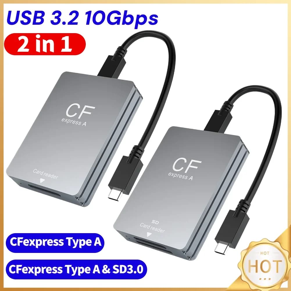 2 in 1 CFexpress Type A SD Card Reader USB 3.2 10Gbps Portable CF Express Reader with USB C To USB C/USB A Cable for SLR