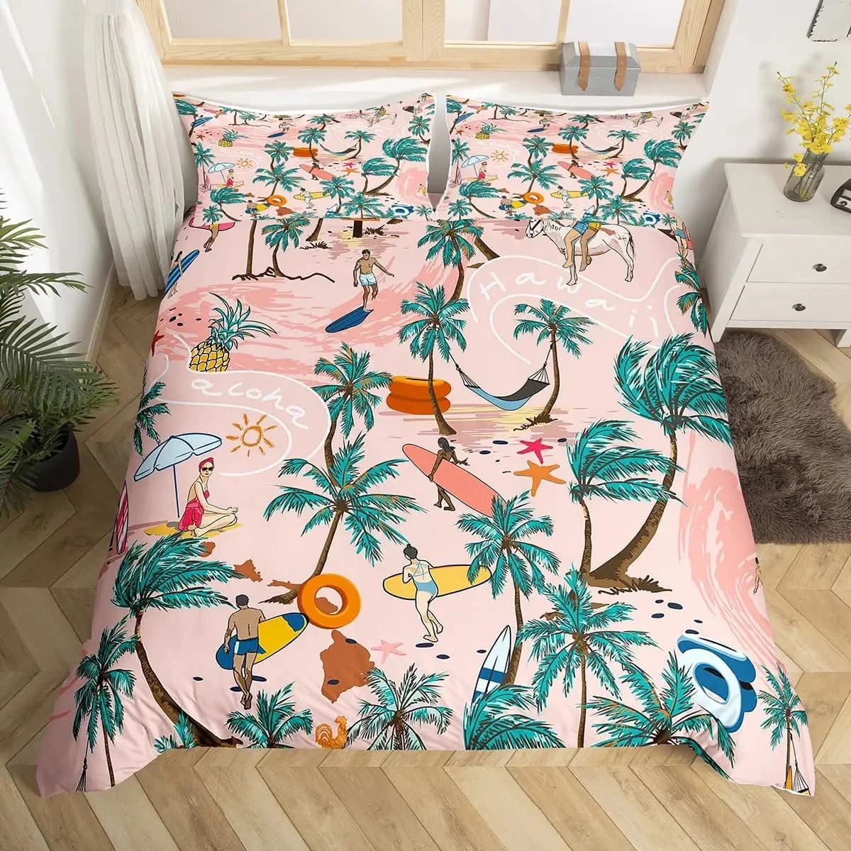 Hawaii Vacation Beach Duvet Cover Cartoon Surfing Quilt Cover Microfiber Tropical Palm Tree Starfish Ocean Landscape Bedding Set