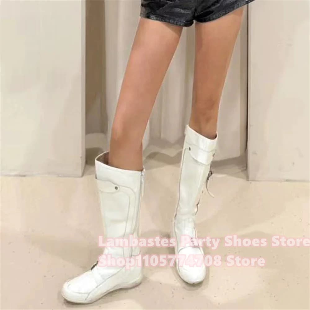 2026 New Retro Height Increasing White Functional Sports Boxing Boots Thick Sole Side Zipper Women Trendy Knee High Boot