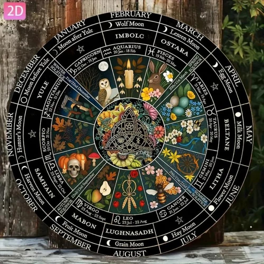 Vintaj Decorazione da parete in metallo Pagano Samhain Calendario Wiccan Anello annuale 20 cm Arte in alluminio - Preforato per casa Giardino Caffetteria Bar Unico