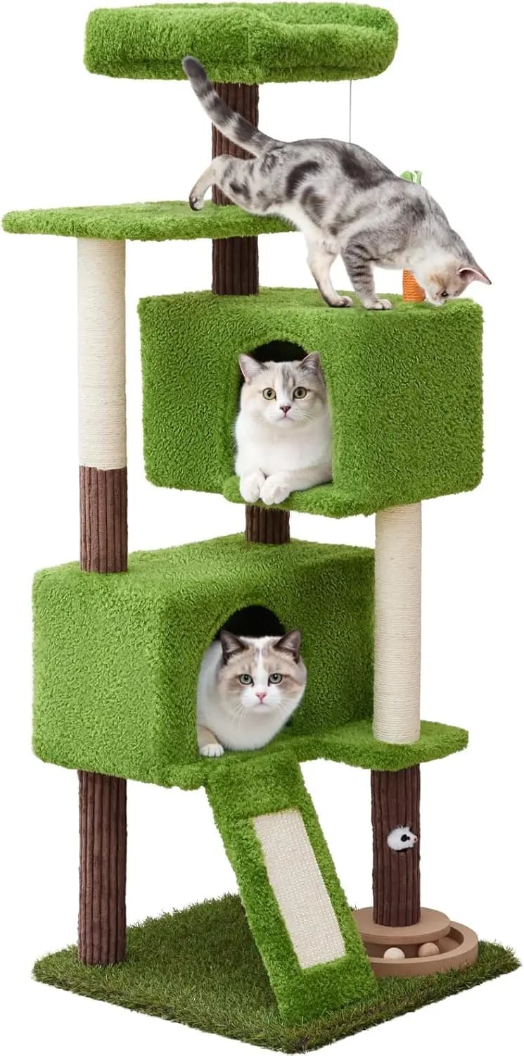 Albero per Gatti Alto 55 Pollici con Giocattoli, Cuccia Multi-Livello e Tiragraffi in Sisal per Gatti da Interno