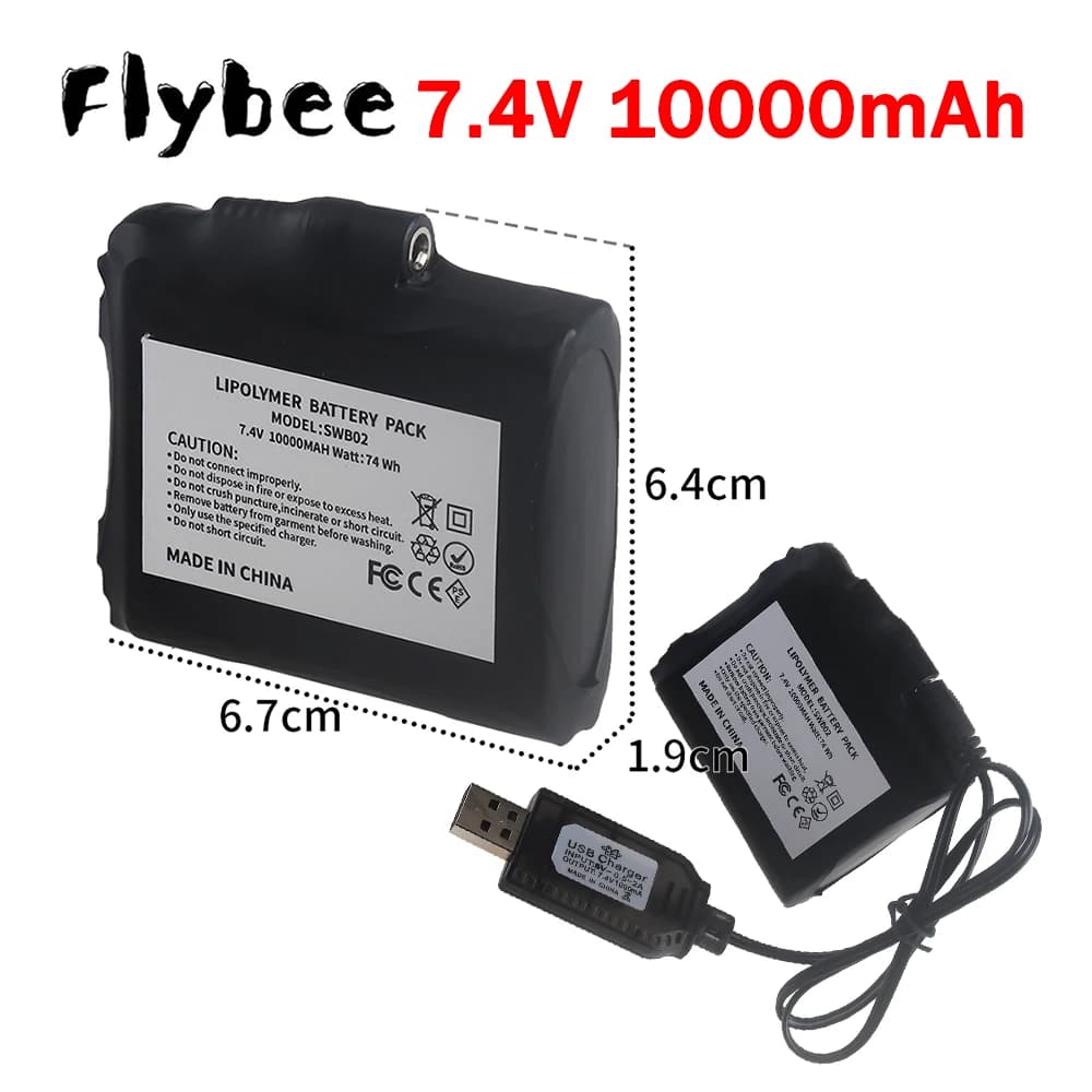 Batteria Ricaricabile ai Polimeri di Litio 7.4V 10000mAh per Guanti Riscaldati, Calze Riscaldate, Giacche e Gilet Riscaldati, Guanti da Moto, Caricatore USB