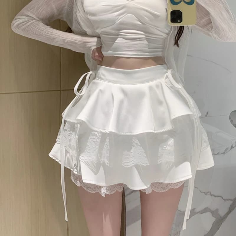 Casual dolce abito da ballo donna minigonna nera a vita alta patchwork di pizzo Y2k vestiti tutti abbinati volant gonna pantaloncini bianchi da donna