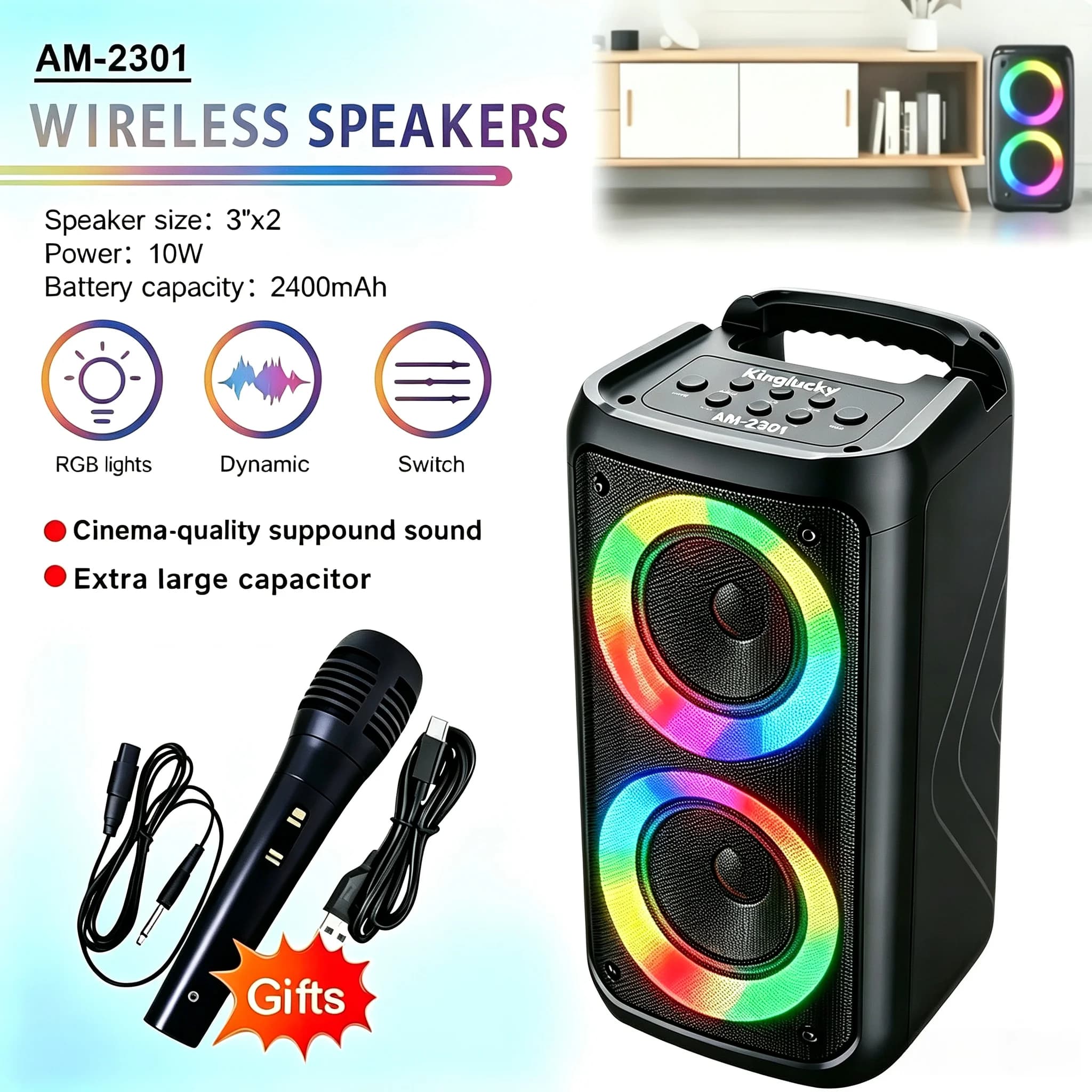 Wireless Karaoke Bluetooth Speaker Subwoofer Portable With Microphone Radio FM Lamp Machine Sound Box Music LED TWS Caixa De Som