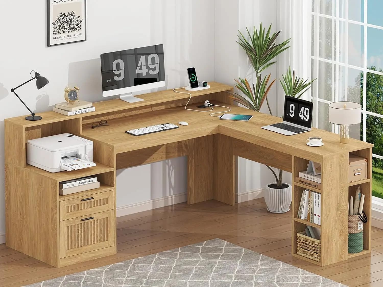 63" Fluted L Desk with Drawers & Shelves Power Outlets LED Lights File Drawer Printer Shelf Monitor Stand Oak, Customized