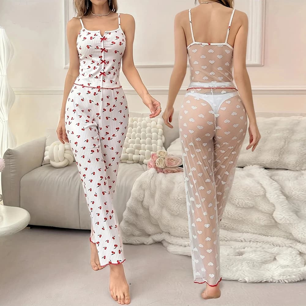 Pigiama da donna in pizzo, set pigiama estivo con top smanicato e pantaloni elasticizzati, 2 pezzi