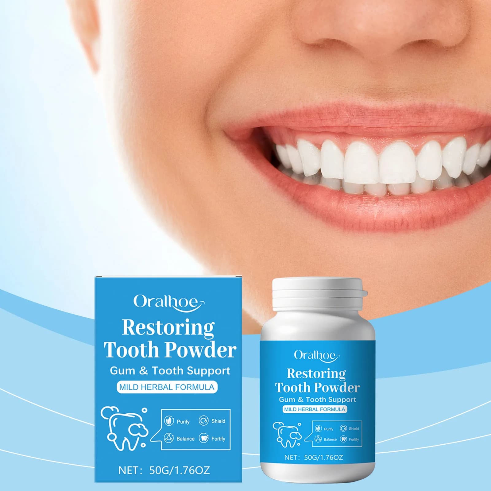 Oralhoe Polvere Rigenerante per Denti e Gengive, Formula Delicata a Base di Erbe, Polvere Sbiancante per la Pulizia dei Denti per Cura Orale Quotidiana 50g