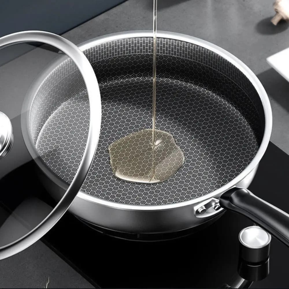 Stainless Steel Non-stick pan with Bee Nido Motive, Flat Bottom, Rapid Heating, Deep Plate for Omelette and Eggs