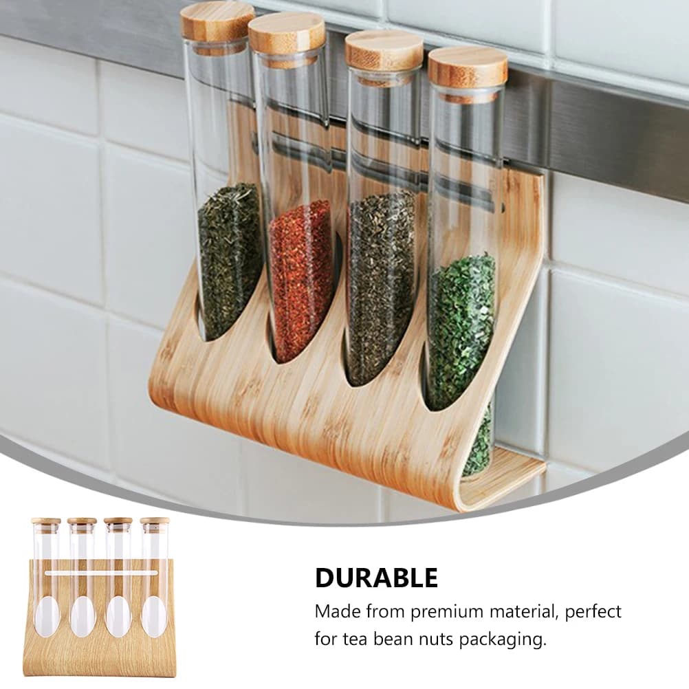 1 set display in legno con 4 bottiglie di fagioli trasparenti per caffè, tè, tubi di vetro, contenitore sigillato per cucina, casa, caffè