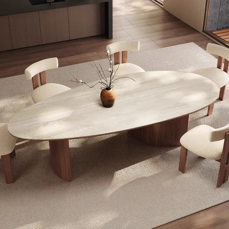 # Tavolo da Pranzo con Piano in Pietra Sinterizzata e Gambe in Legno, Arredamento per Sala da Pranzo