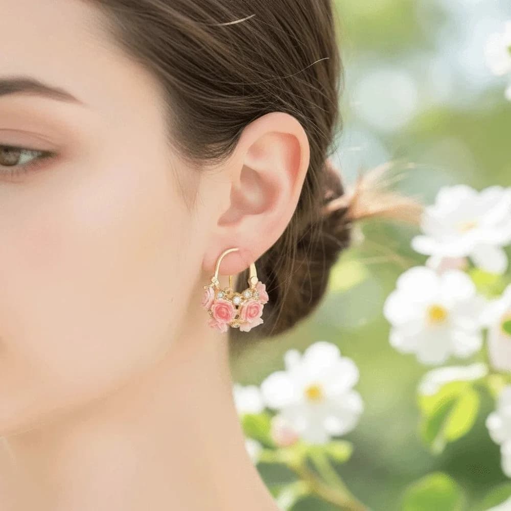 1 pair Temperament Pink Rose Rhinestone Earrings Jewelry Shiny Flower Basket Ear Cuff Sweet Elegant Sweet Fairy Style Earrings