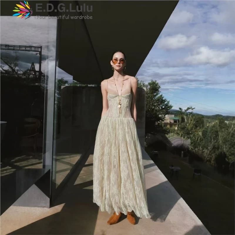EDGLuLu Abiti da compleanno senza spalline e senza maniche per donna, sexy, senza schienale, con ricami in pizzo, elegante abito da sera lungo 0506