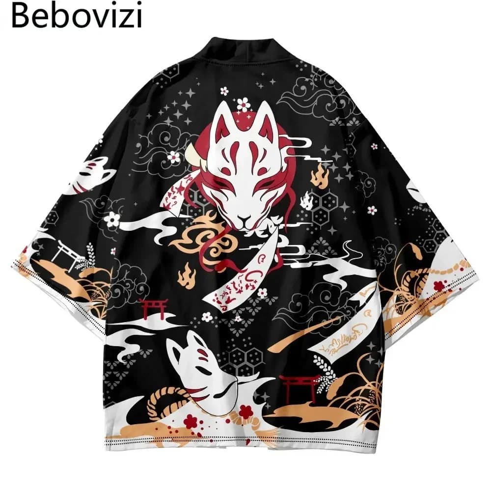Bebovizi Stile Giapponese Gatto Samurai Kimono Streetwear Uomo Donna Cardigan Giappone Harajuku Anime Robe Anime Vestiti 2023 Estate