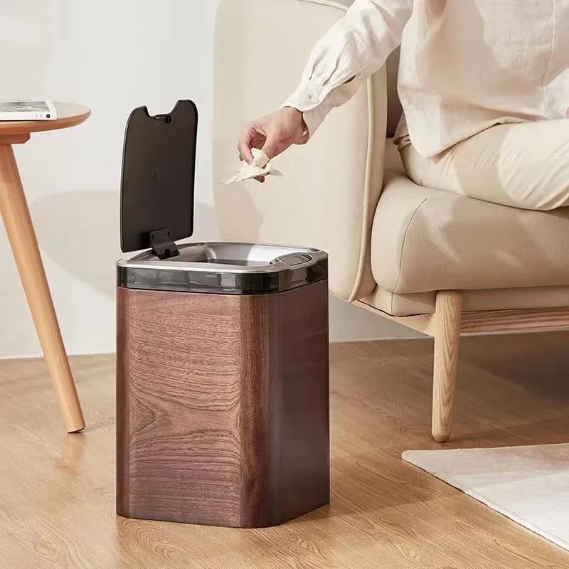 Pattumiera in legno a induzione creativa e intelligente, grande pattumiera elettrica automatica per uso domestico con coperchio