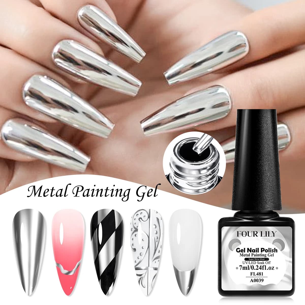 Smalto Gel Metallizzato Argento Effetto Specchio per Unghie, Gel da Disegno Soak Off UV LED Semipermanente, Forniture per Nail Art