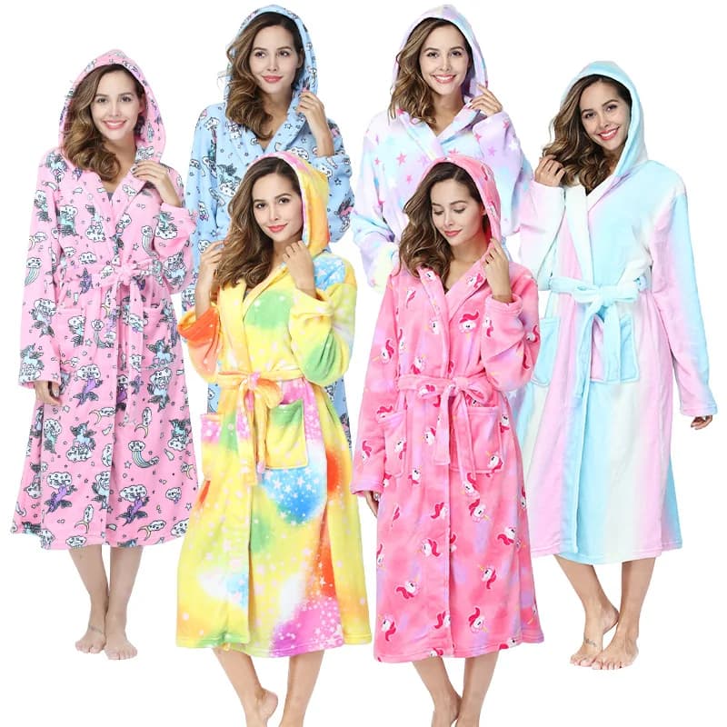 Accappatoio da donna con tasca grande con cappuccio arcobaleno stampato in flanella Hotel Pigiama autunno inverno Accappatoio extra lungo per coppia