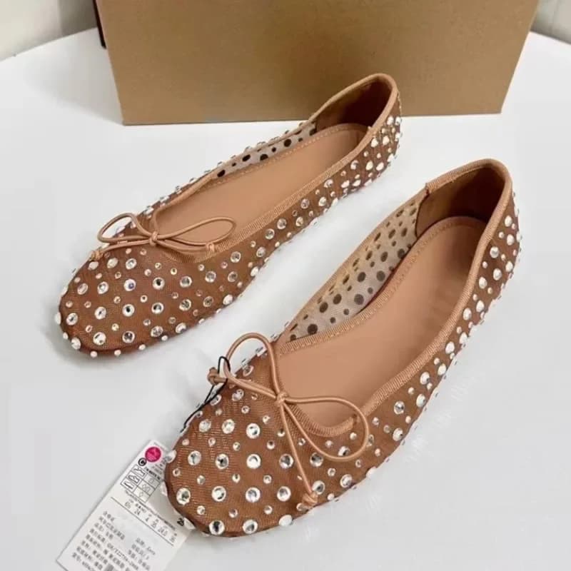Scarpe da donna con strass di lusso 2025 Primavera superficiale in mesh traspirante Punta tonda Bling Bowtie Eleganti ballerine per donna