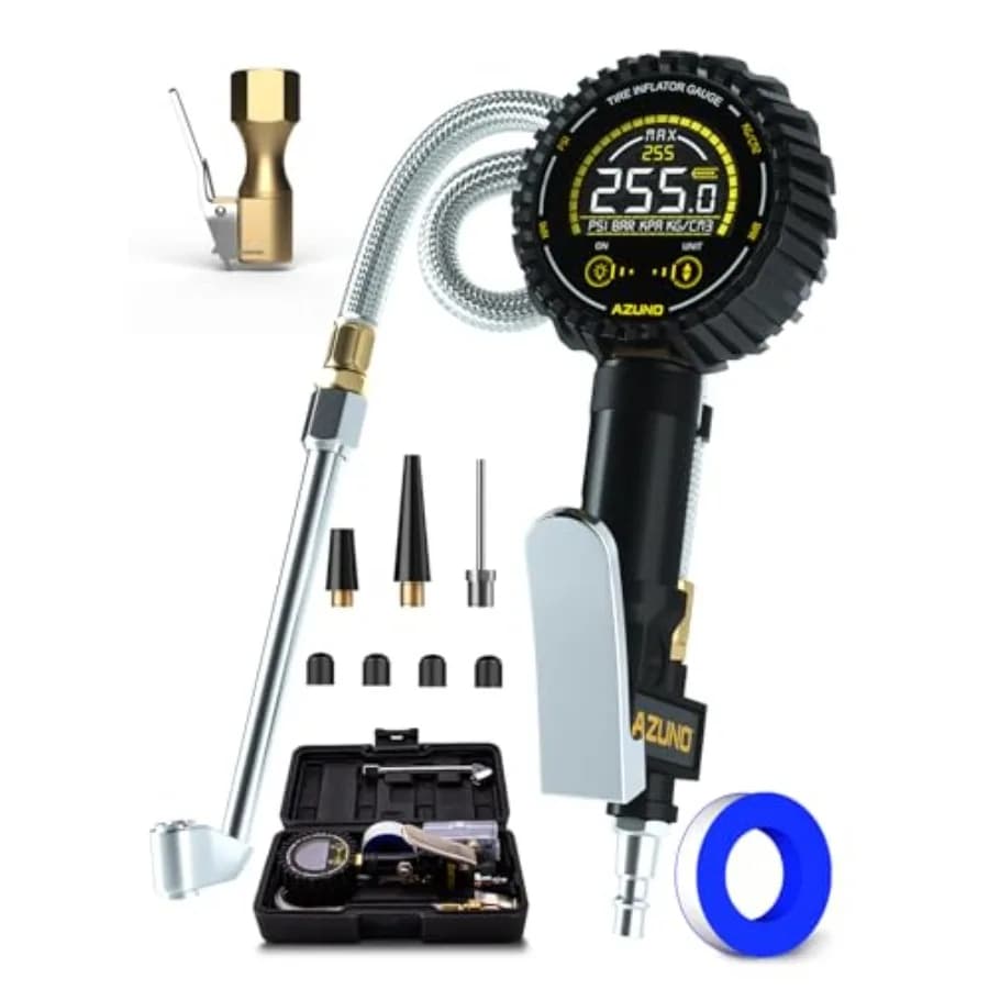 Manometro Digitale Gonfiagomme AZUNO 255 PSI, Manometro per Pneumatici Resistente con Raccordo Aria e Tubo Flessibile in Acciaio Intrecciato a Connessione Rapida