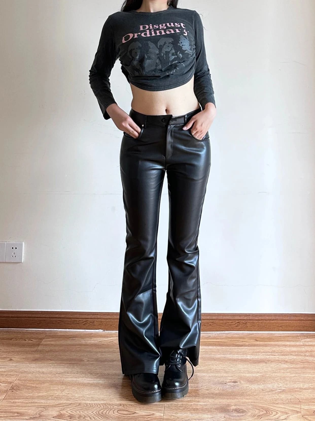 Pantaloni Neri in Ecopelle a Zampa Larga per Donna Taglie Forti, a Vita Alta, Lunghi, Stile Americano Sexy, Primavera Autunno