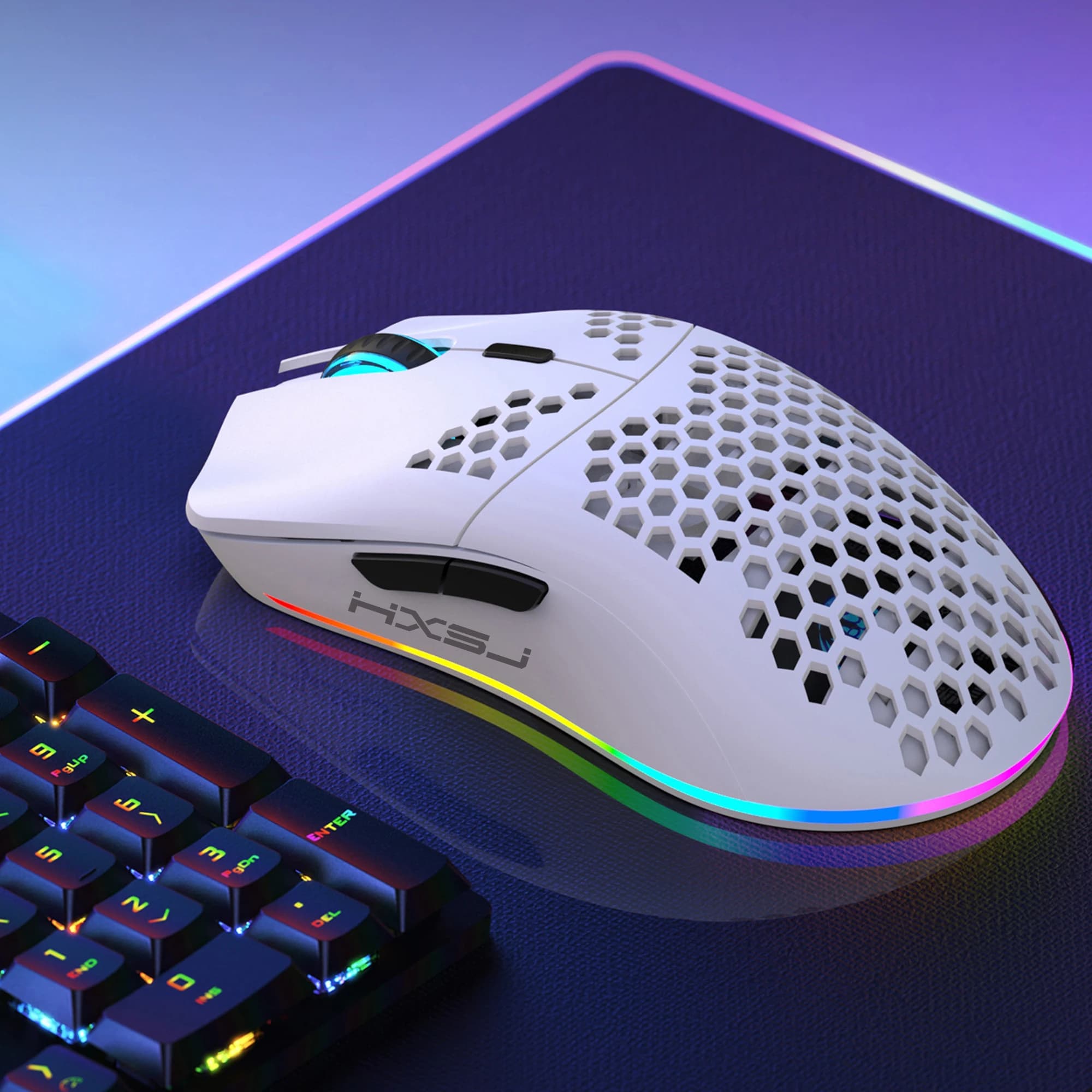 Mouse da Gaming Wireless con Illuminazione RGB, Batteria Ricaricabile, Design a Nido d'Ape, 2.4G USB Plug & Play, Comfort per Destrorsi