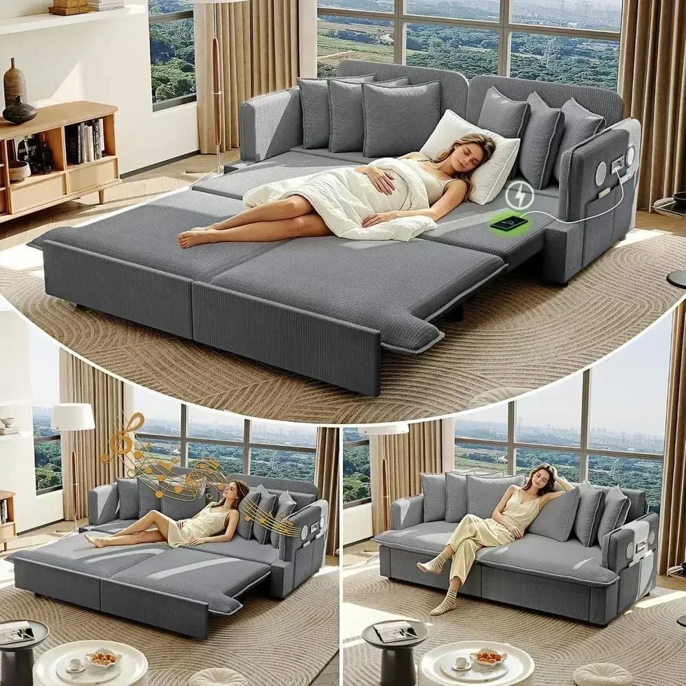 Grey 81.8 King-Size 3-in-1 Corduroy Sofa Bed with Bluetooth Speaker, USB Ports, 7 Pillows, and Side Pocket for Compact Spaces