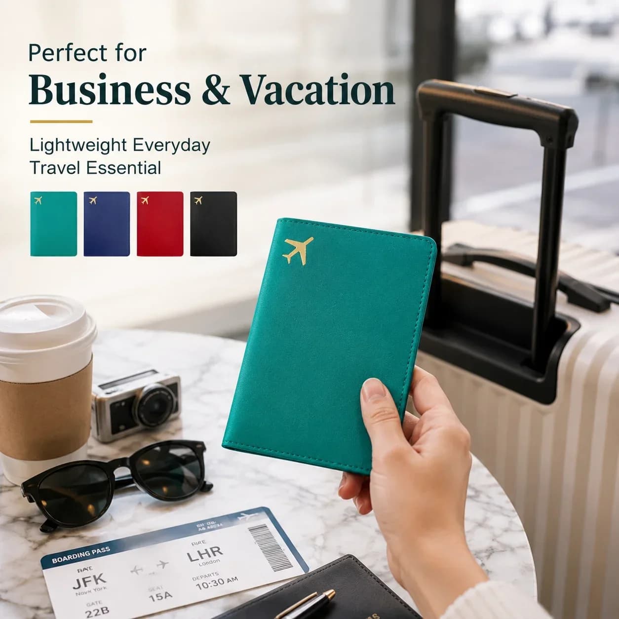 PU Leather Passport Case Gold Foil Airplane, Stitching Cover, Protective Passport Holder for Travel