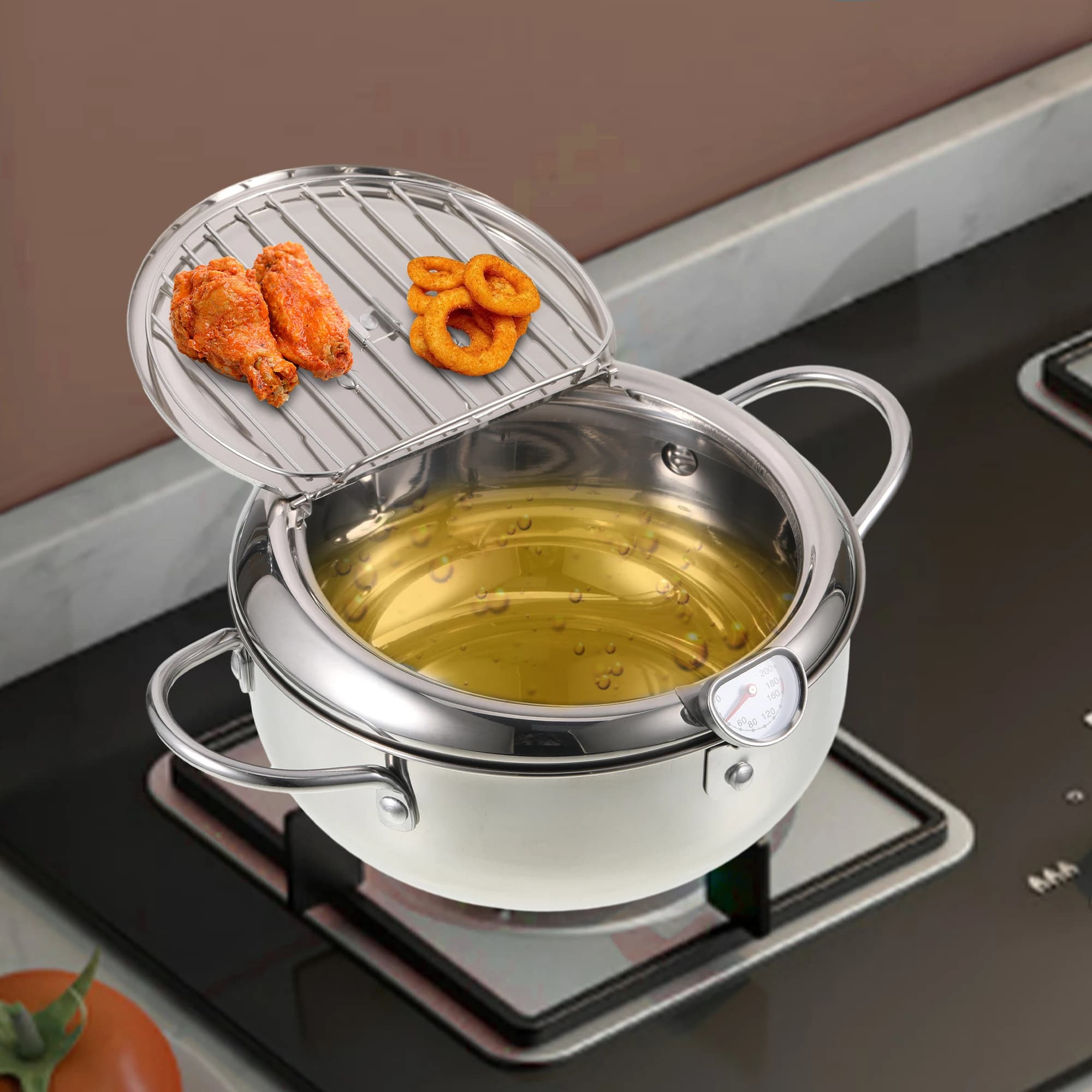 Japanese fryer with thermometer and lid Fryer Stainless steel kitchen tempura 304 Oil Free Fryer