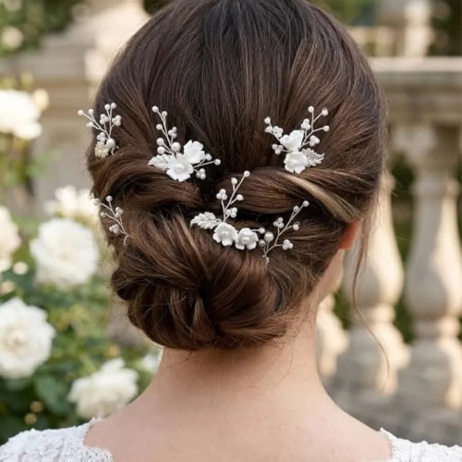 Fermagli per Capelli da Sposa Fatti a Mano con Perle, 6 Pezzi, Fiori in Ceramica Bianca, Foglie e Perle, Accessori per Capelli da Sposa per Donne e Spose