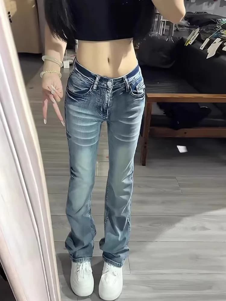Low Waist Flared Jeans Women's Spring Summer Slimming Washed Denim Pants High Street Design Straight Leg Long Trousers