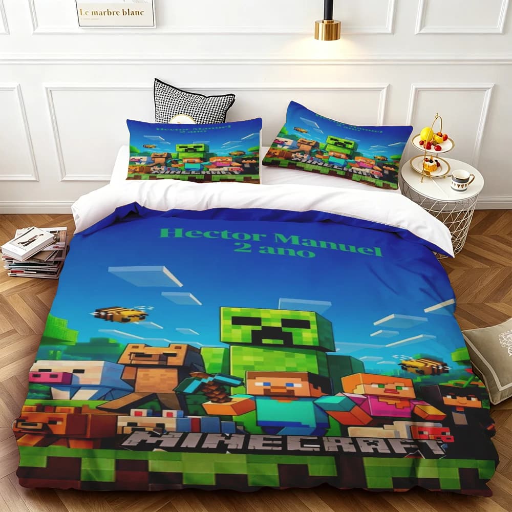 Set Copripiumino Minecraft, Coperta Trapuntata Cartoon, Set Biancheria da Letto Morbido e Delicato sulla Pelle per Camere dei Bambini, Regali di Compleanno