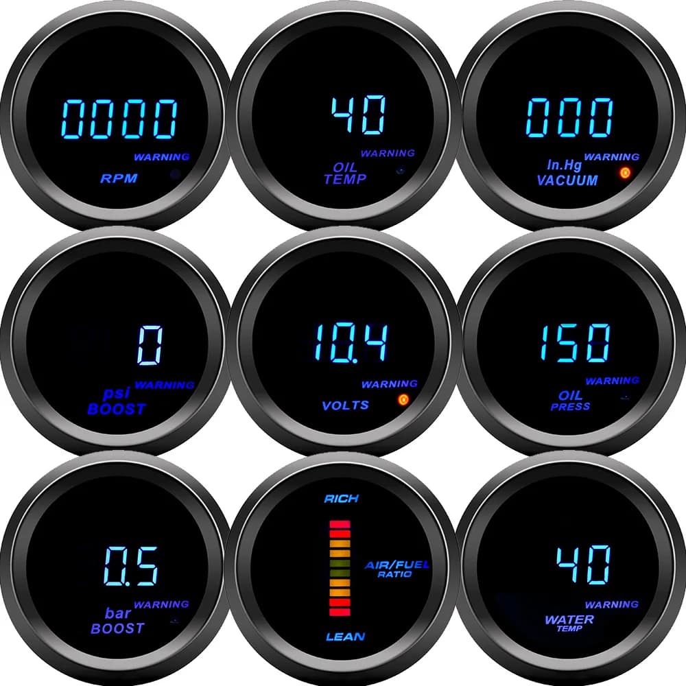 2 "52mm Auto Turbo PSI BAR Boost Gauge Pressione dell'olio Temperatura dell'acqua Misuratore della temperatura dell'olio Voltmetro Contagiri RPM Vuoto Retroilluminazione blu