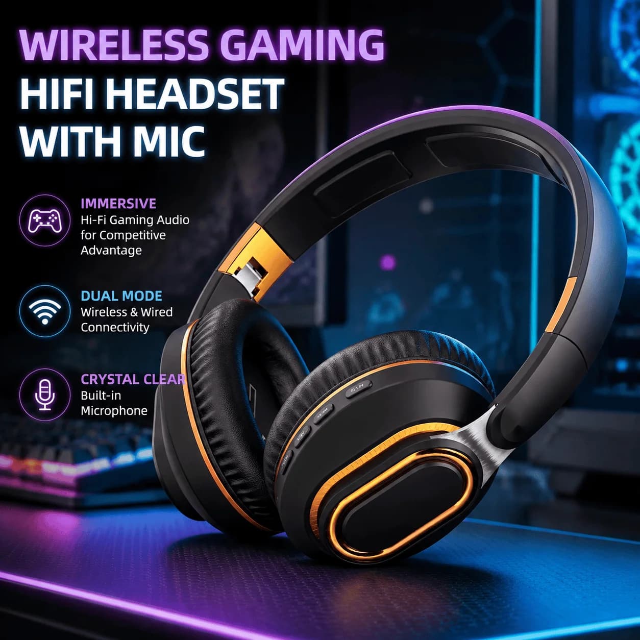 Gaming Headset Wireless Bluetooth 5.0 HiFi Audio Dual Mode E-Sports PC Gaming Mic Ergonomic Portable Over Ear Stereo Headphones