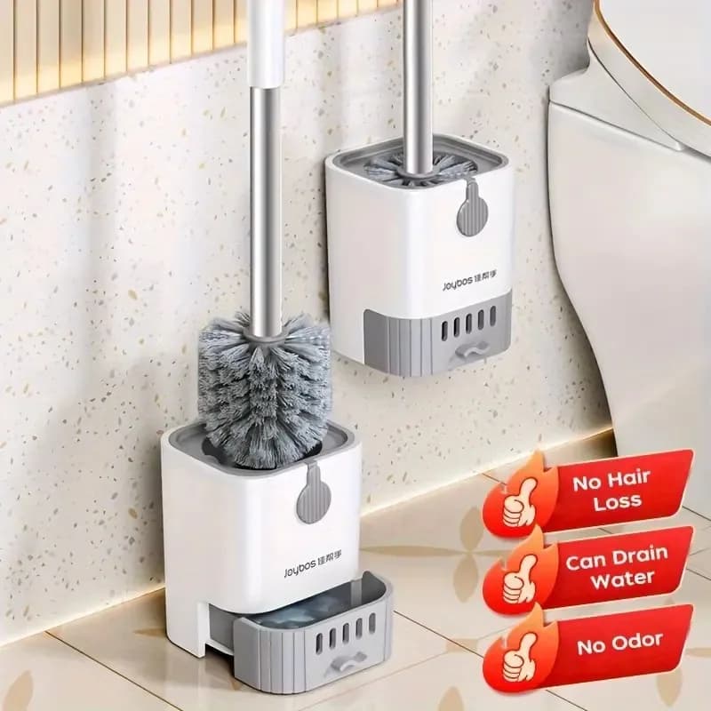 Spazzola per WC da parete con supporto, manico lungo 44 cm/17,32 pollici, setole resistenti per una pulizia profonda, senza perdita di peli, bianco e argento