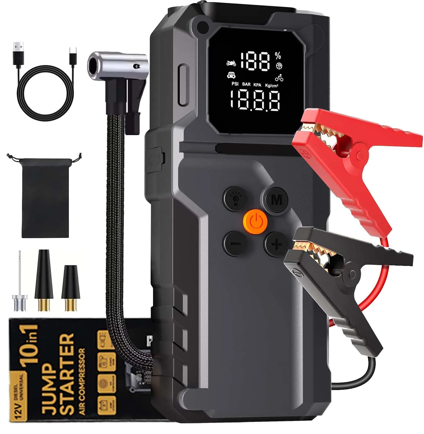 GKFLY 5000A Car Jump Starter 59.2Wh Power Bank With Tire Inflator LED Flashlight 12V Auto Battery Booster For Gas Diesel Vehicle