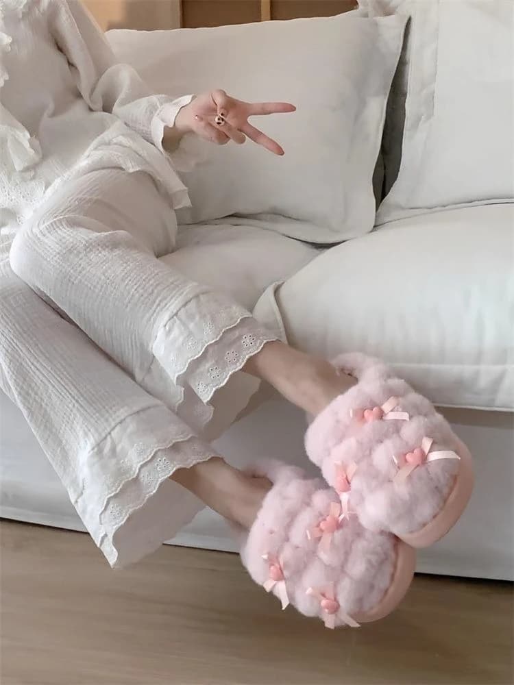 Women's Winter Warm Cotton Plush Slippers Sweet Korean Style Fuzzy Home Shoes Girly Heart Bow Cute Cozy Pink