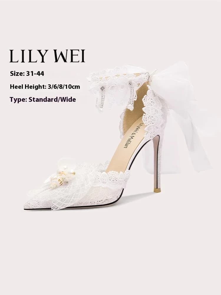 Thin high-heeled sandals summer pointed pearl mesh bow lace wedding shoes banquet large size small size widened women's shoes