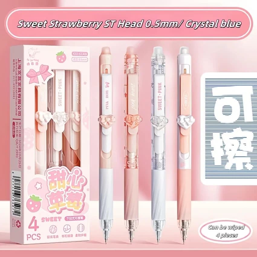 4 penne gel cancellabili Sweet Strawberry, punta ST da 0,5 mm, inchiostro nero/blu per studenti