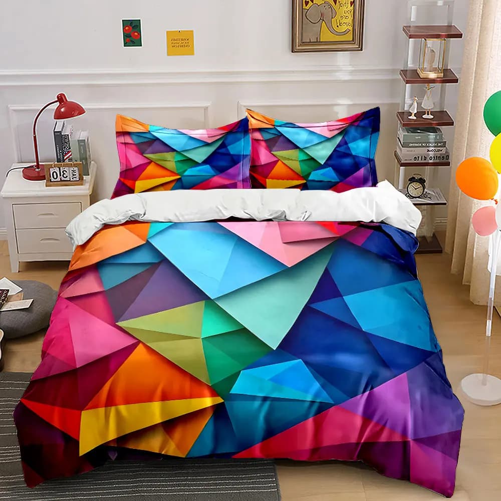 Set di biancheria da letto con stampa geometrica colorata, design patchwork, 1 copripiumino, 2 federe per adulti e bambini, regalo di lusso, misura completa
