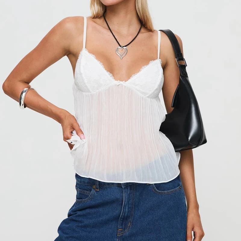 Y2k Donna Sexy Flowy Ruffle Canotta Lace Trim Scollo a V Cami Top Spaghetti Strap Bow Front Babydoll Canotta Donna Crop Vest