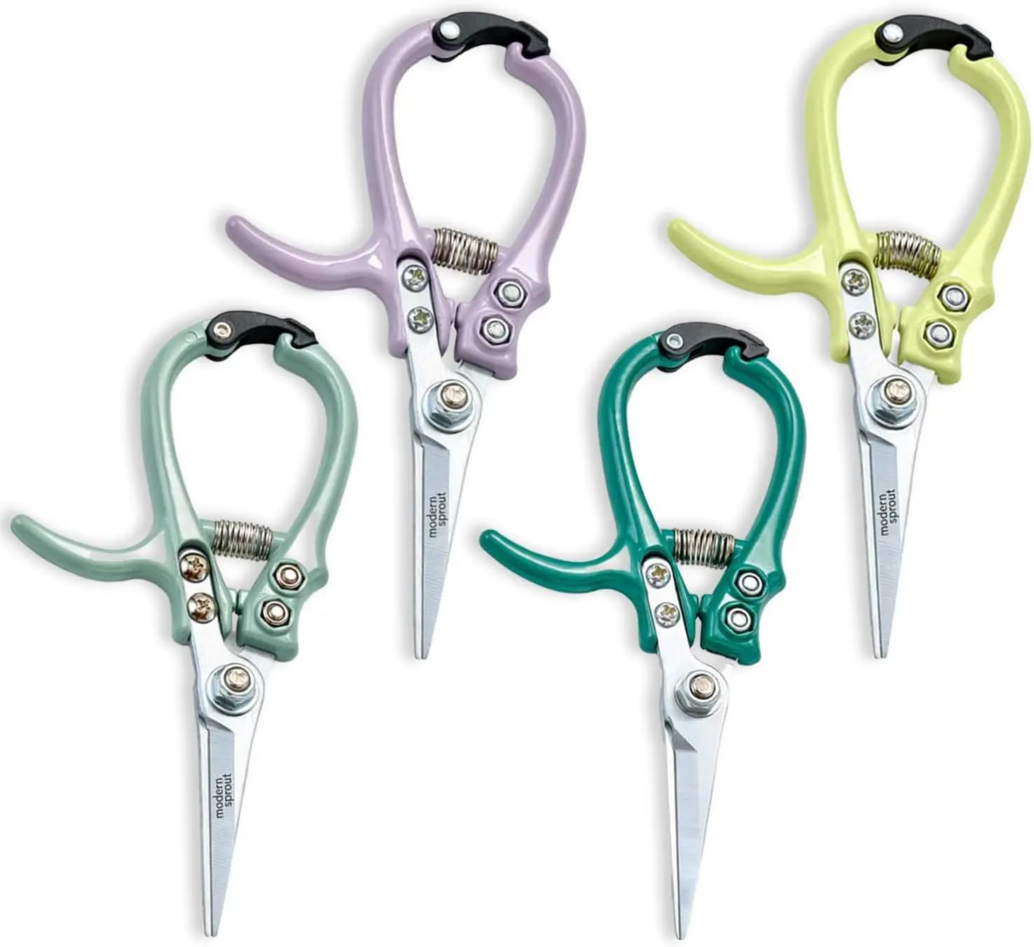 Forbici da Potatura Leggere con Blocco Facile, Lama in Acciaio al Carbonio e Custodia Riutilizzabile - Set di 4 Attrezzi da Giardino Multicolore