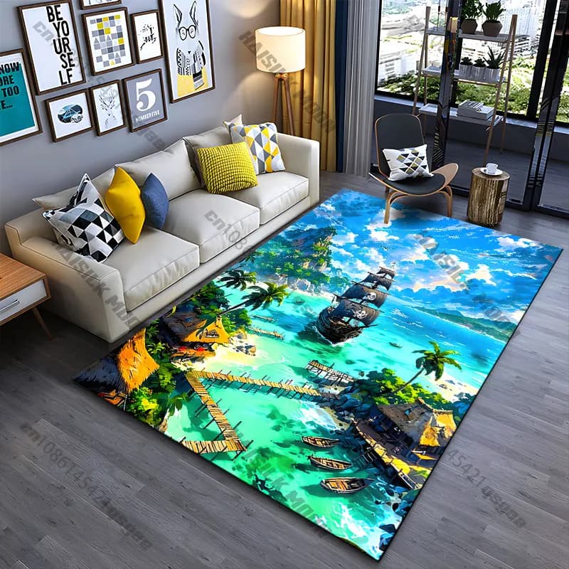 Tappeto da gioco per bambini con motivo nave pirata e paradiso tropicale, tappeto da yoga, decorazione per soggiorno, tappetino per gattonare, zerbino, tappeto decorativo
