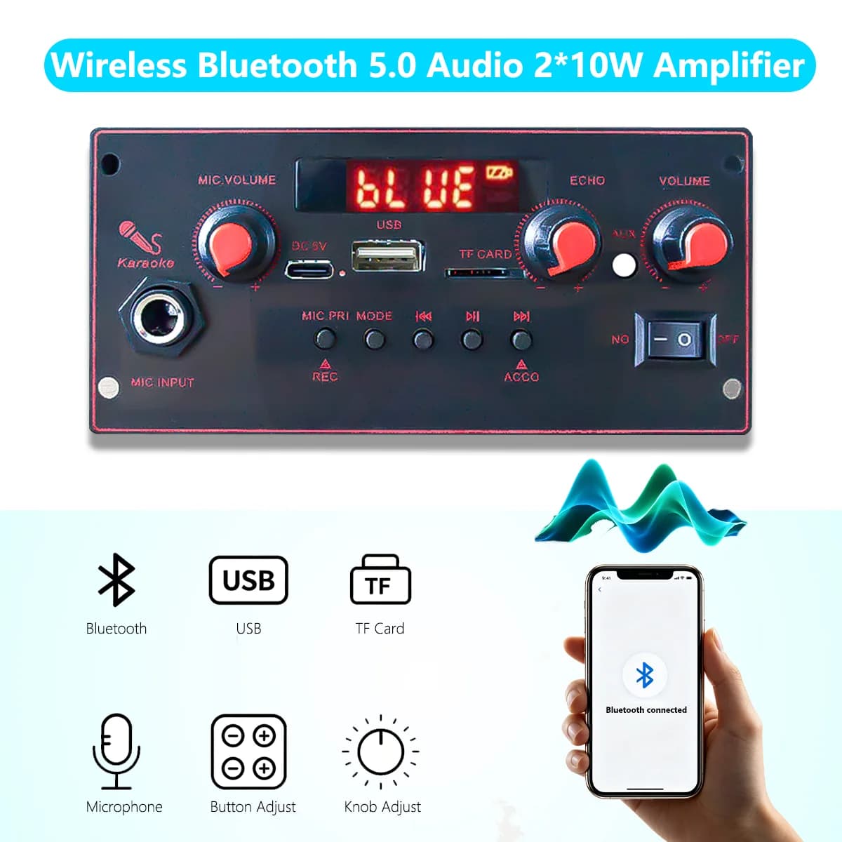 2x10W Bluetooth Audio Decoder Board 3.7V-5V USB TF FM Folder Select Playback Recording Call Support MP3/WMA/FLAC Remote