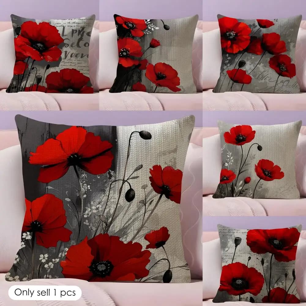 Bright red flowers Cushion Cover Natural Linen Pillow Case Double-Sided Print Decorative Sofa Pillowcase Home Decor Gift