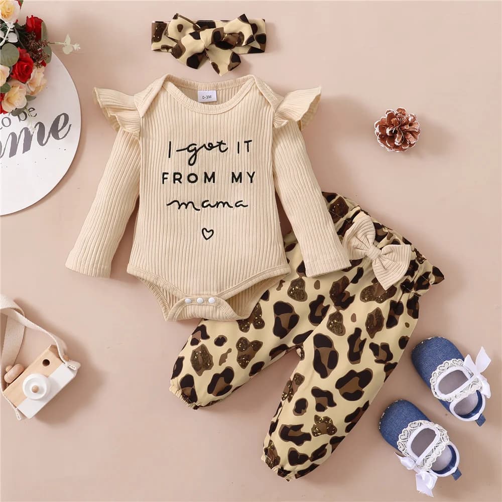 0-18 mesi neonato vestiti per ragazza set tuta a maniche lunghe + pantaloni leopardati + fascia 3 pezzi moda autunno abiti bambina