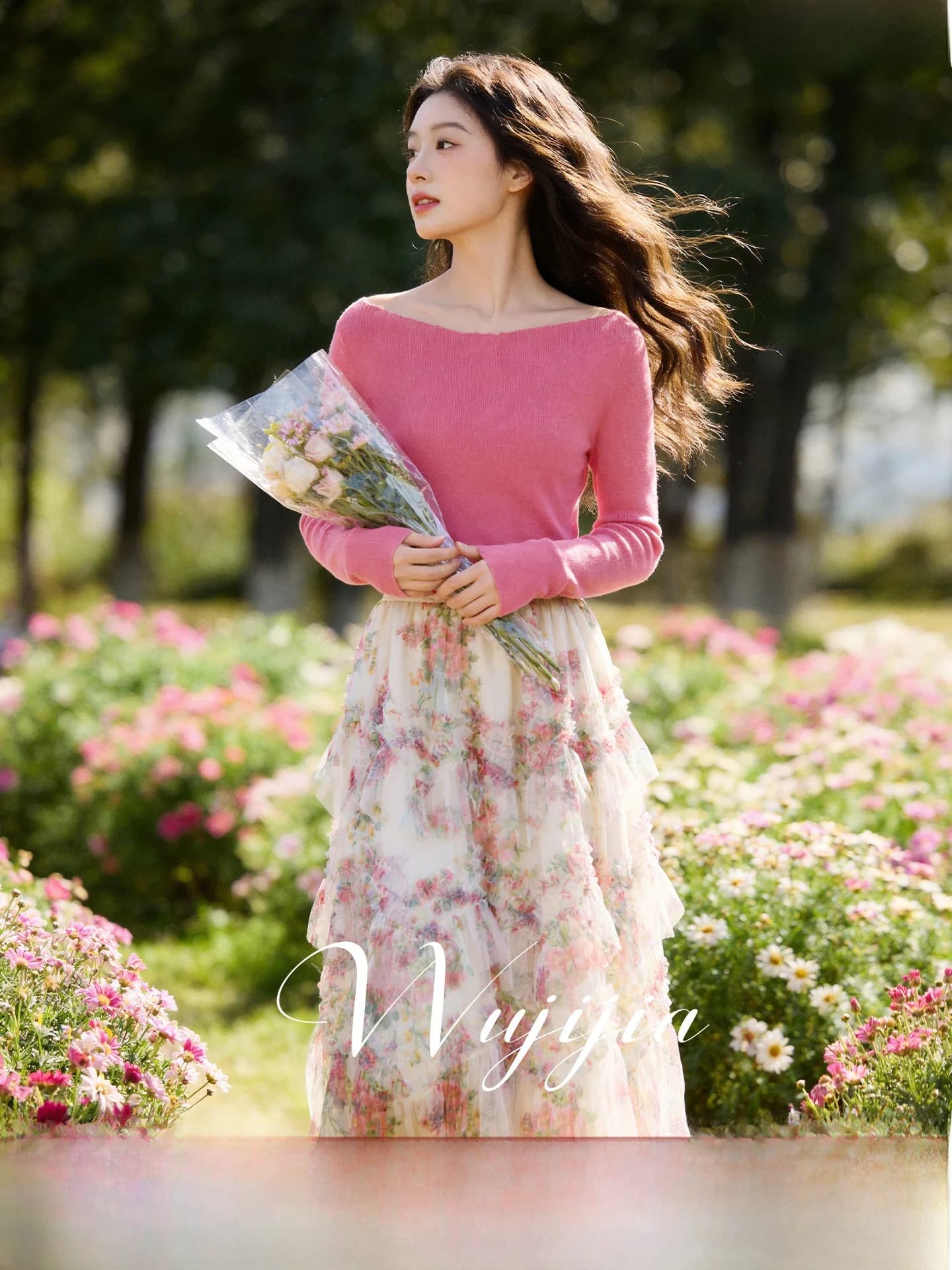 Women's Knitted Long Sleeve Large U Neck Floral Print Top with Cake Skirt Spring 2026 New Arrival plus Size Universal Fit